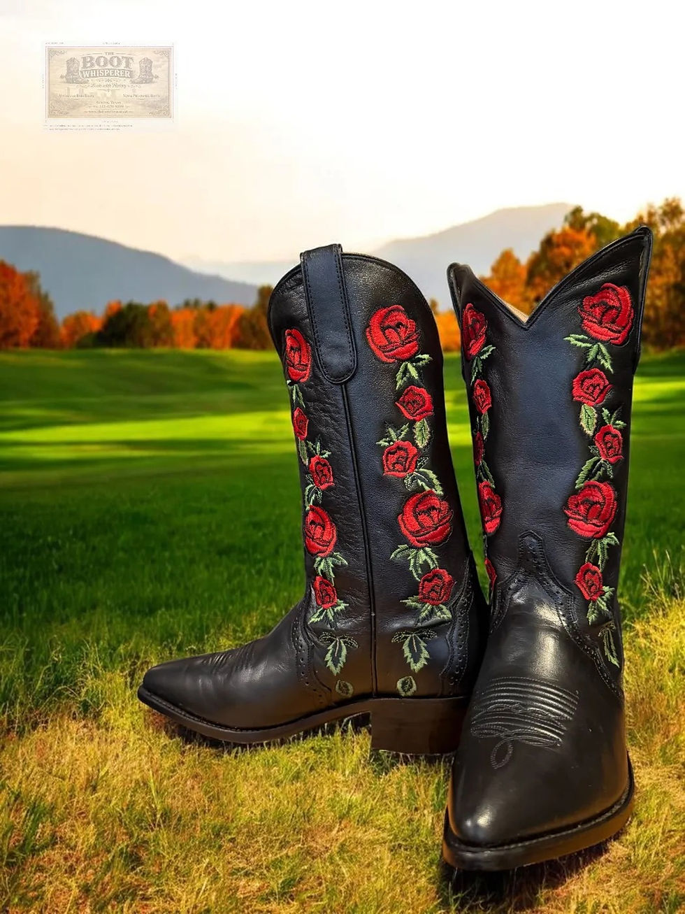 Thumbnail: Dan Post Women Custom Black Goatskin Handmade "Run for the Roses" 9-B 1130-53525