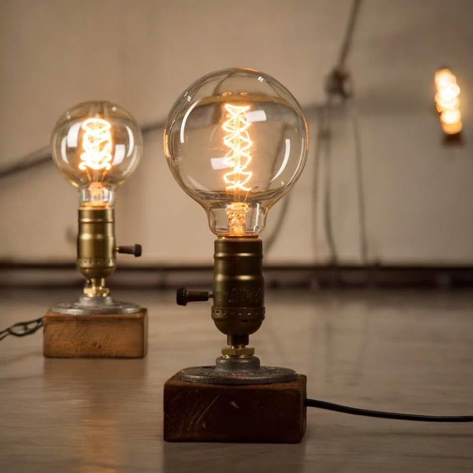 Industrial LED Table Lamp With Wood Base