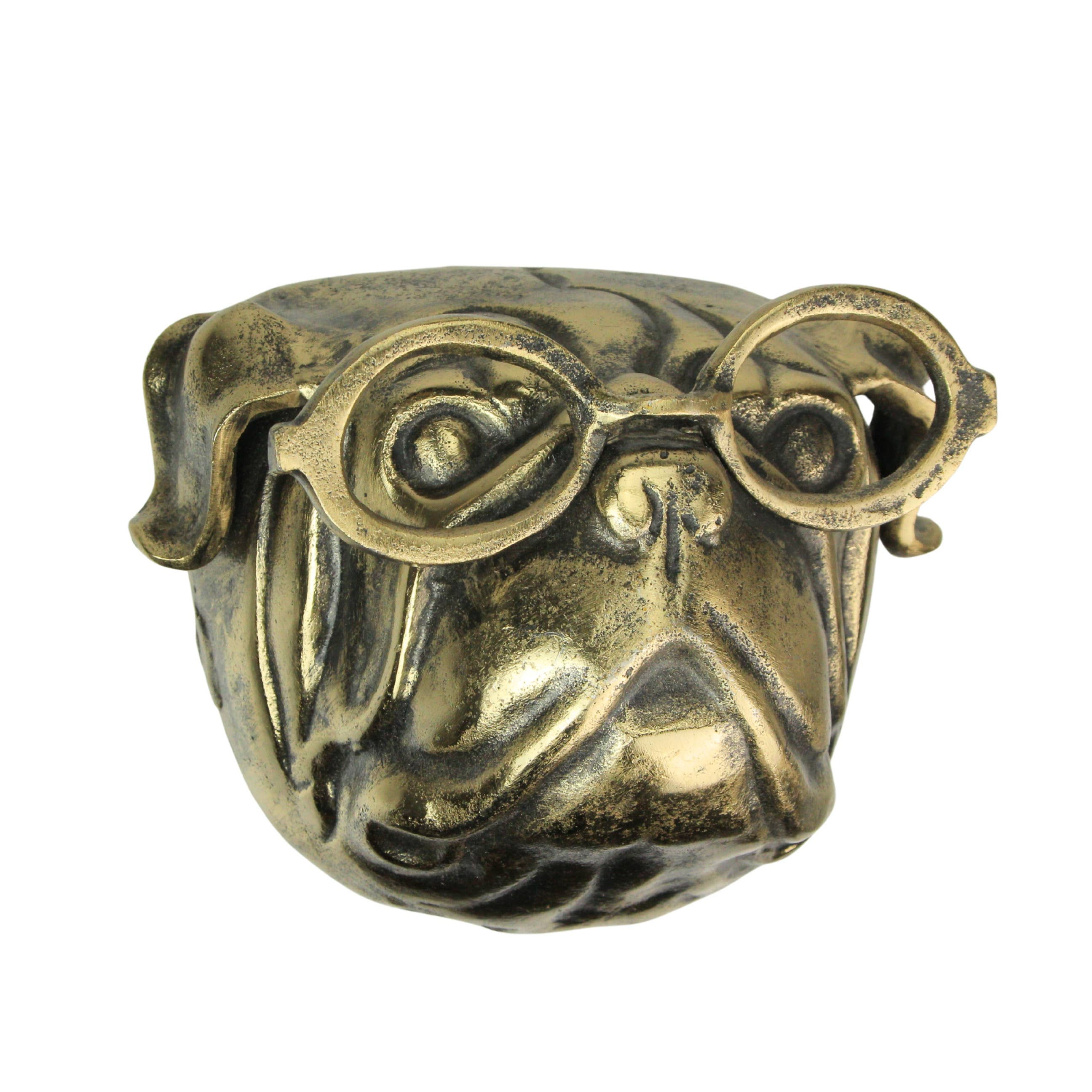Gold Pug Dog Head Wall Hanging with Oval Spectacles 6" High