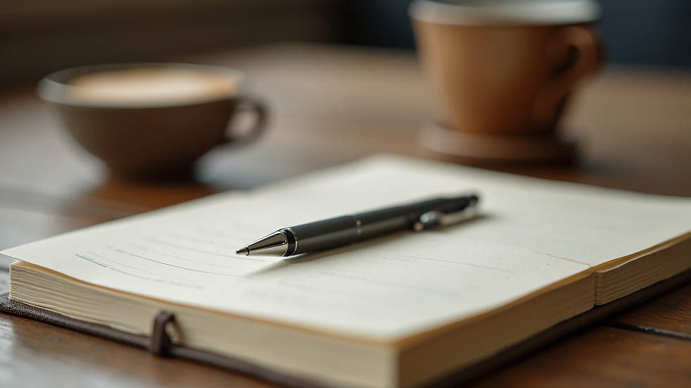Close-up view of a journal and pen on a wooden table, symbolizing reflection and growth