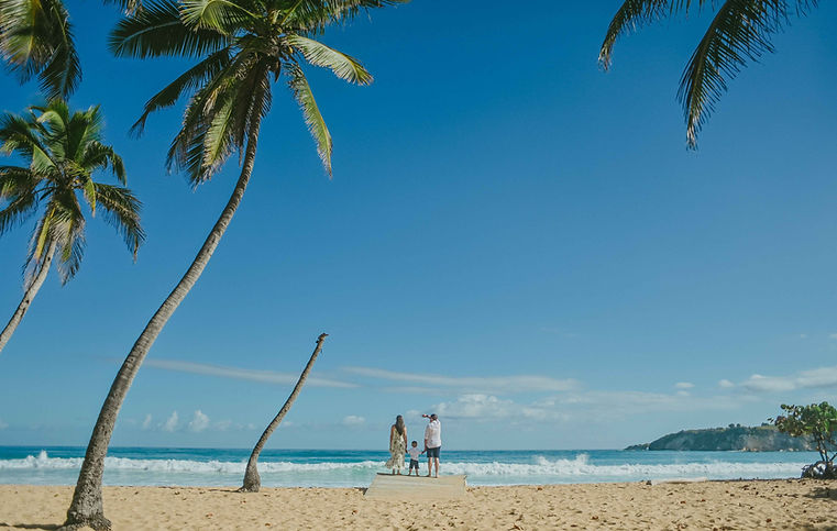 Familia con un hijo pequeno mirando el mar en una foto panoramica en Playa Macao con palmera torcida y cielo azul durante una sesion de fotos familiar en Punta Cana Republica Dominicana