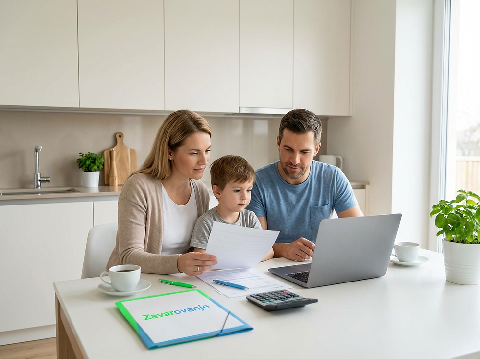 Družina doma za mizo pregleduje zavarovalne dokumente in prenosnik ter primerja zavarovanja v Sloveniji.