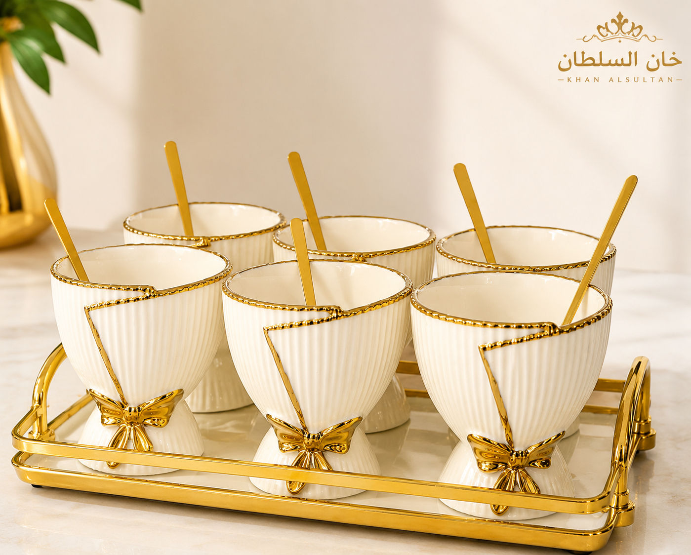 Luxury White & Gold Dessert Bowl Set with Tray – 13 Pieces