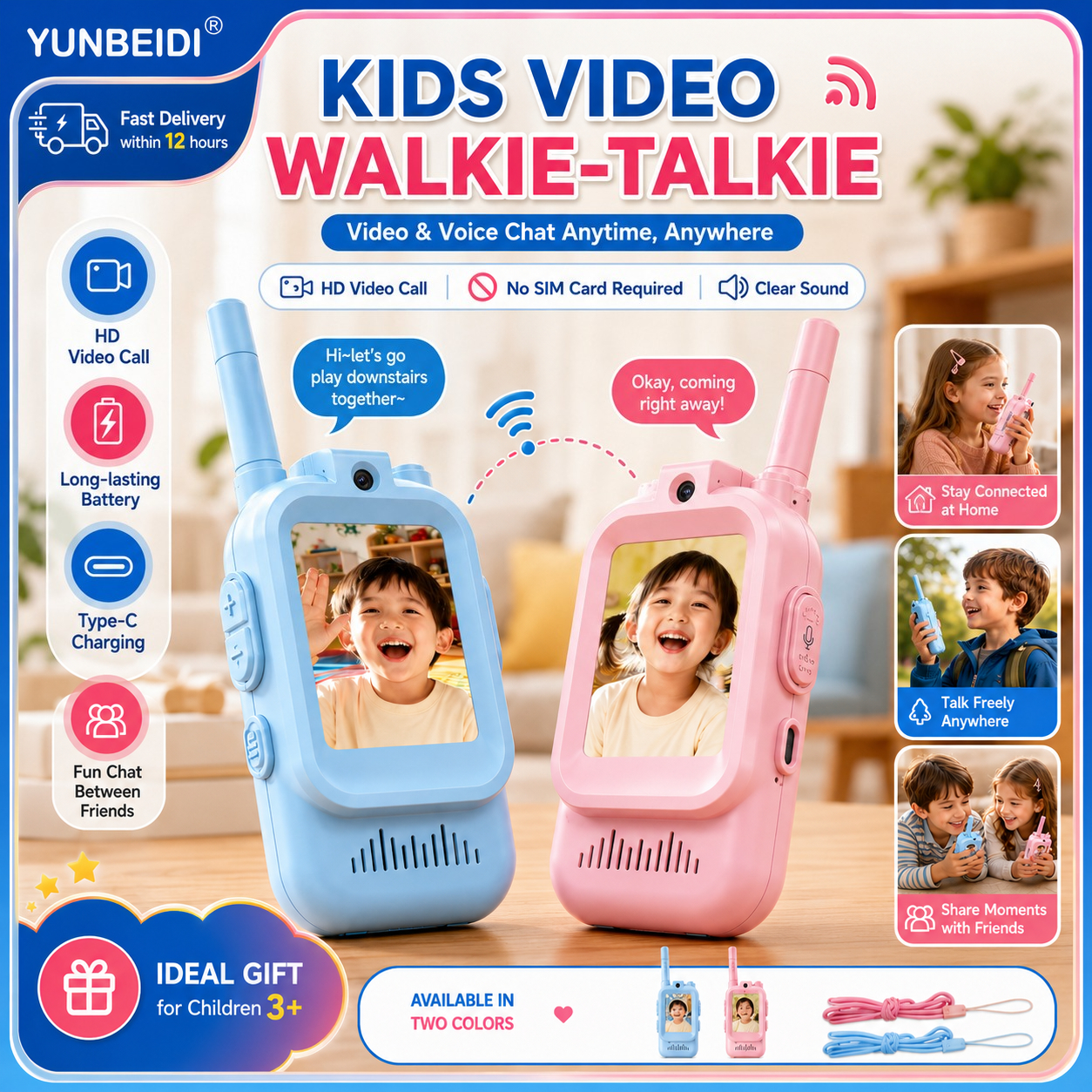 2PCS Kids Video Walkie Talkies USB Charging Indoor and Outdoor High Definition I