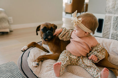One year old baby sitting next to her dog and pointing