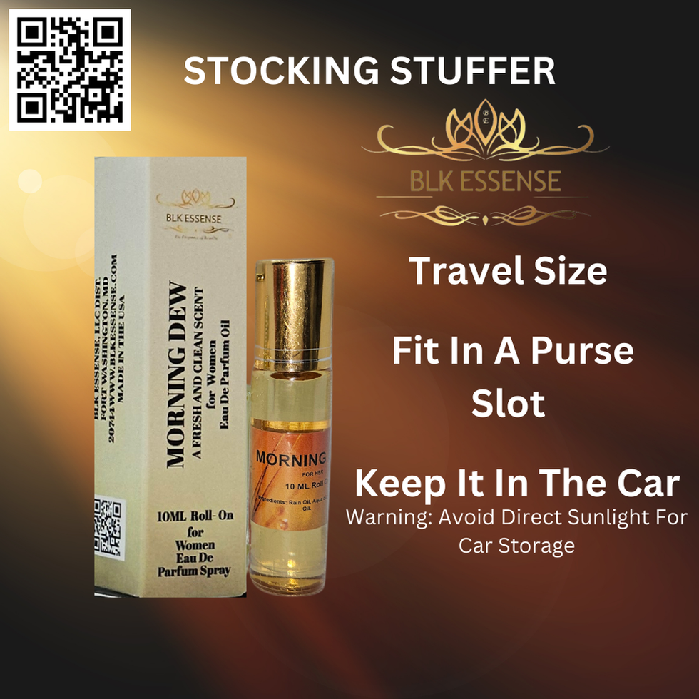 a bottle of morning dew perfume sits next to its box