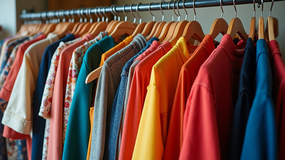 High angle view of a vibrant clothing rack displaying an artistic collection of outfits