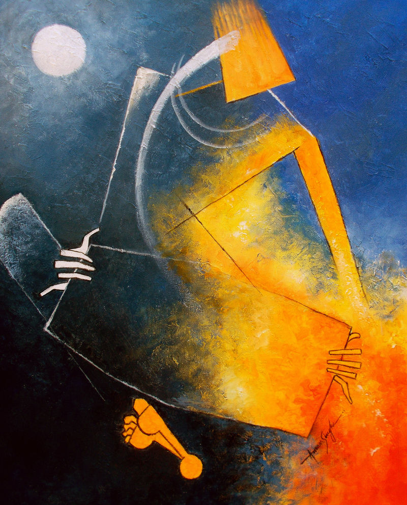 Tribal dance in the moonlight and fire abstract acrylic painting