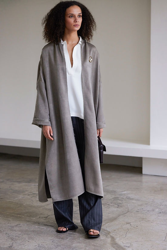 Duchess trench, silk polo shirt and pinstripe trousers.jpg