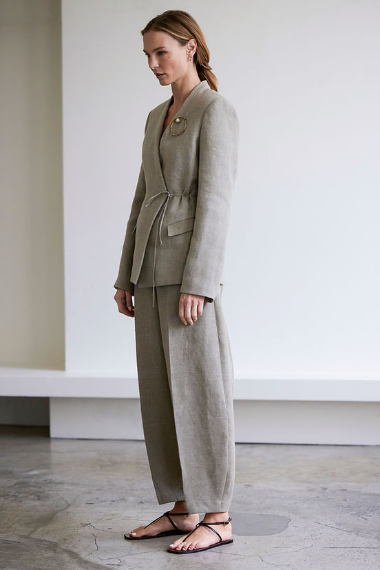 Waffle linen wrap front jacket and cupped leg trousers.jpg