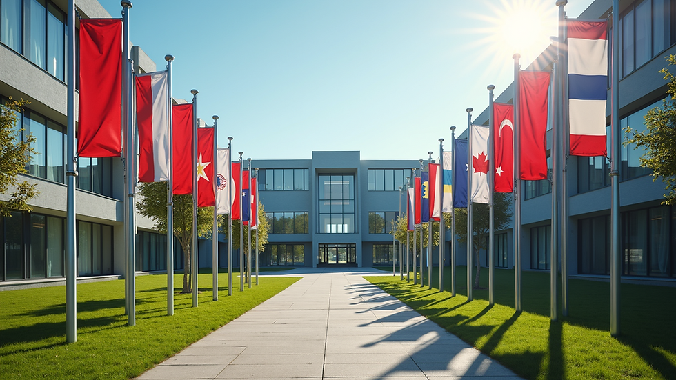 Eye-level view of a modern university campus with international flags
