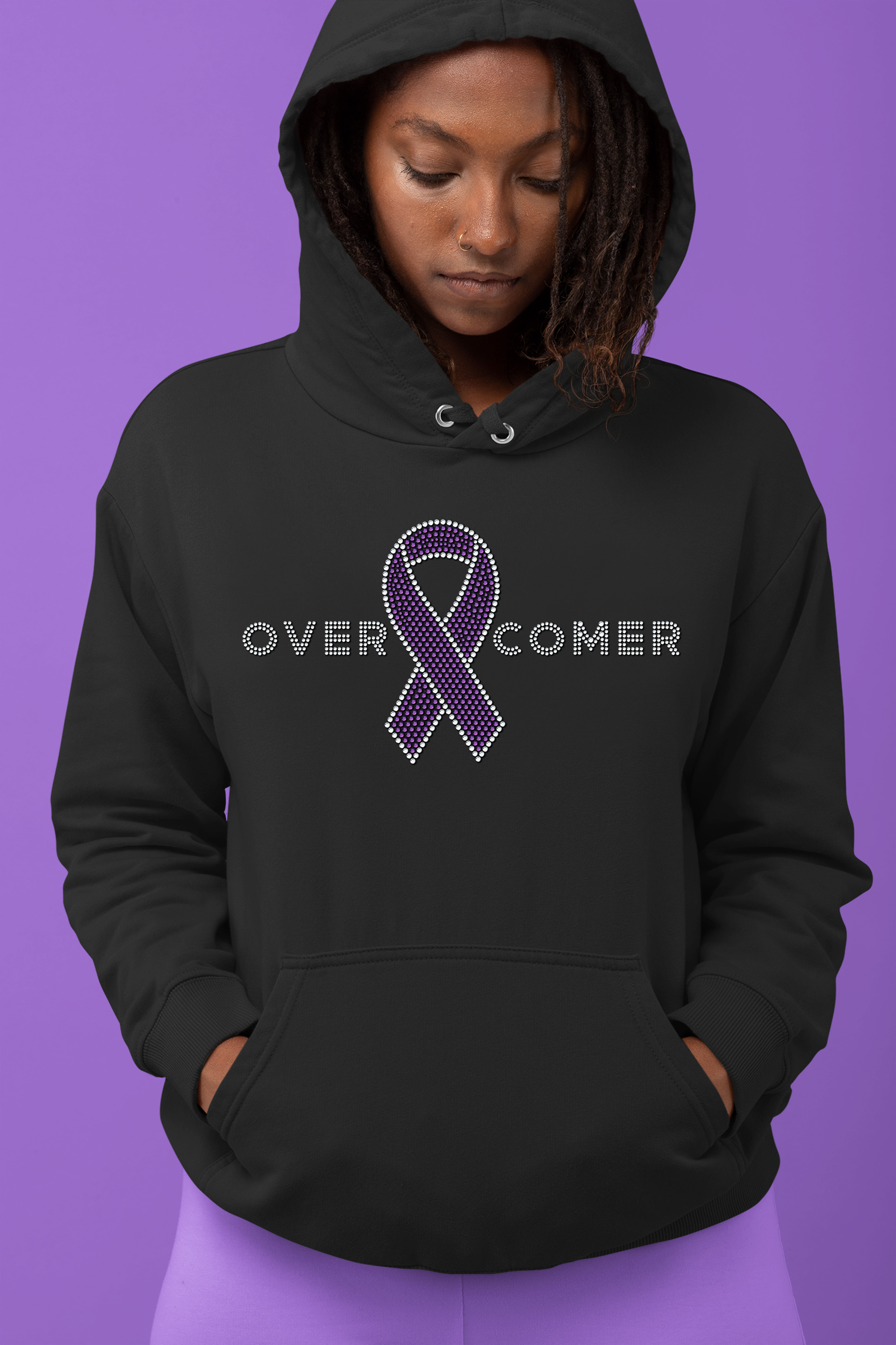 Overcomer Purple Rhinestone Ribbon Awareness Hoodie