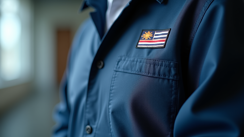 Close-up of a customized work uniform with embroidered company logo