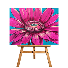 Pink daisy painting on a teal background, displayed on wooden easel.
