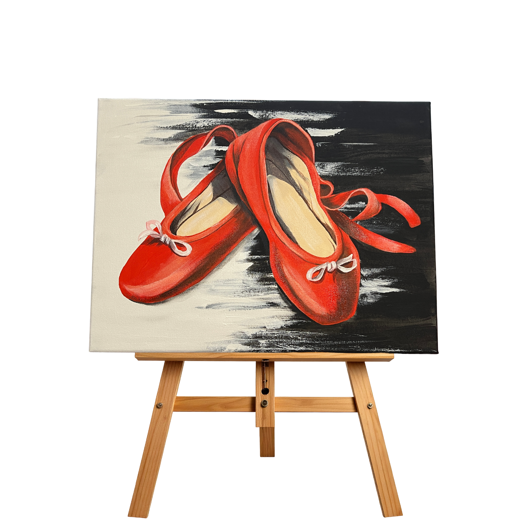 Red ballet shoes painting on the canvas, with Ballet Shoes, on wooden easel.