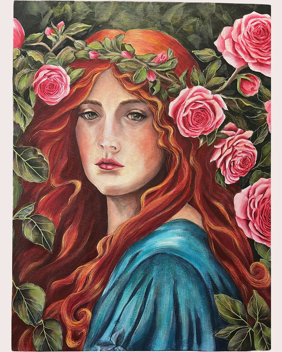 Thumbnail: close up view of painting of a red haired woman in a blue dress surrounded by pink roses