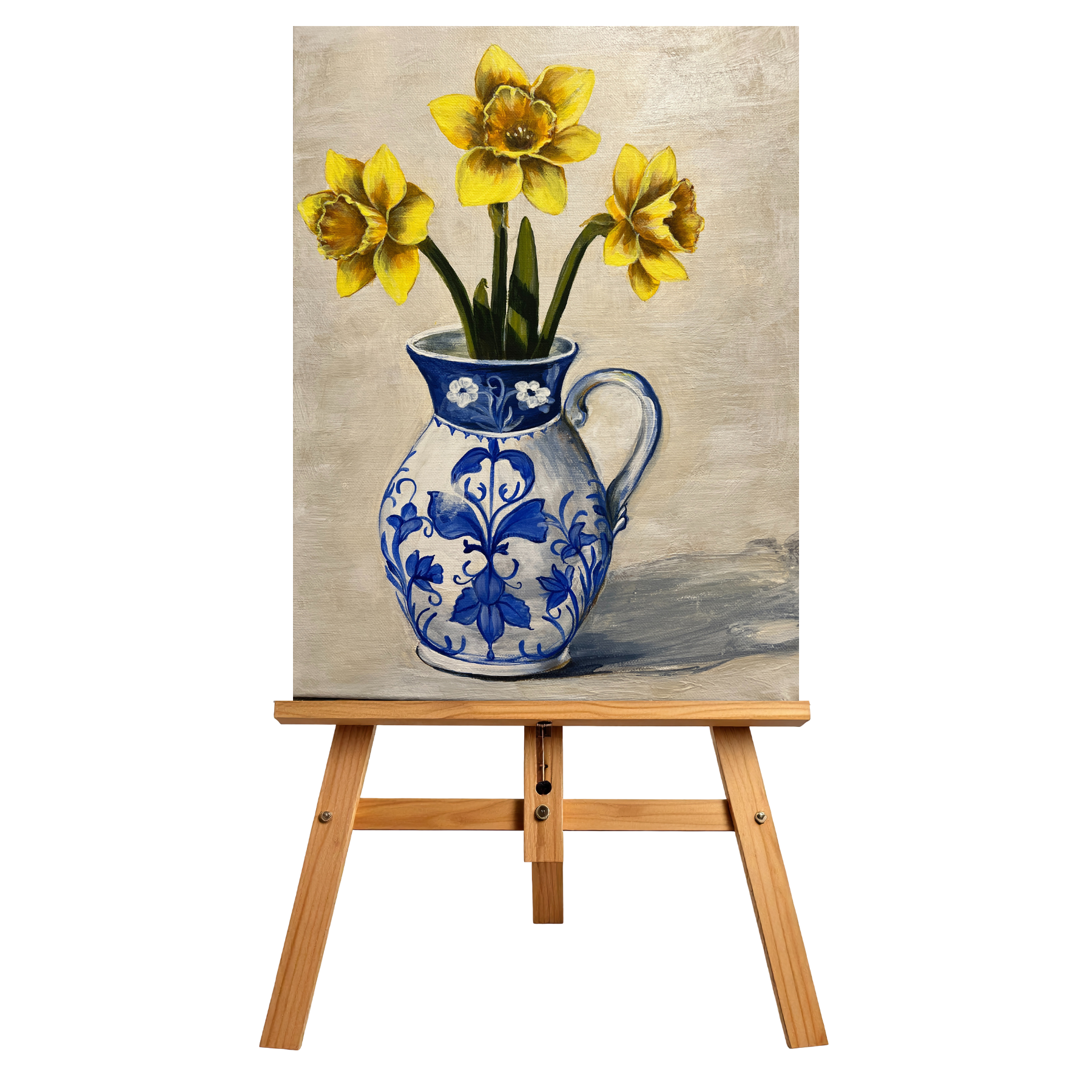 Three yellow daffodils in a blue and white China jug painting on canvas