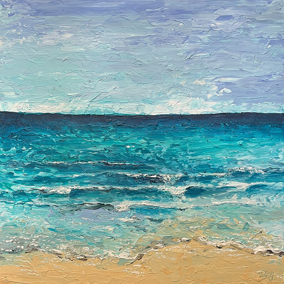 a close up view of a textured original artwork by Violet Grant of an aqua ocean scene with a light blue sky and a golden sand