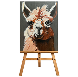 Painting of a llama on easel. Portrait of Steve the Llama smiling.
