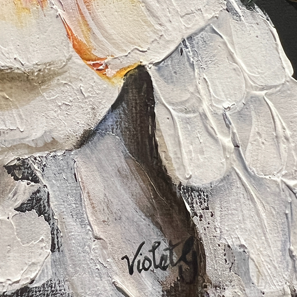 Thumbnail: Acrylic textured painting with the signature Violet, white and grey colors, close-up view.