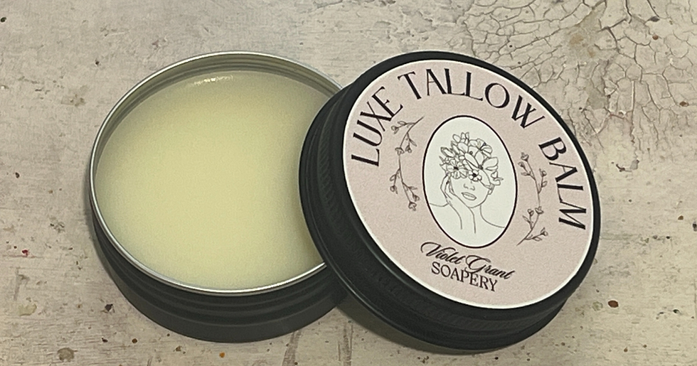 Miniature : Open Luxe Tallow Balm container with visible label, Violet Grant Soapery branding.