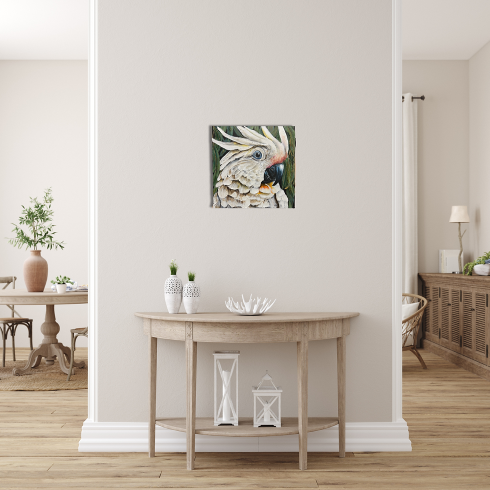 Thumbnail: White cockatoo painting on the wall above a wooden table in hallway