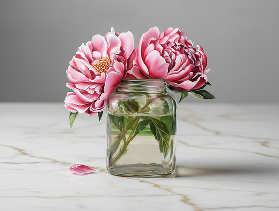 Pink Peonies in a glass jar of water on a marble surface.png