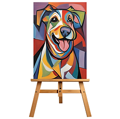 Colorful dog portrait on an easel, Picasso Your Pet art collection display