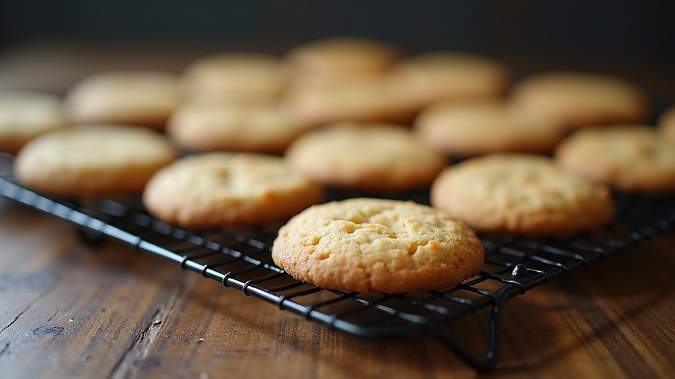 High angle view of a cooling rack with evenly spaced cookies