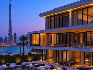 modern mansion in Dubai combining cutting-edge technology with elegant contemporary architecture, featuring sleek glass walls, geometric design, and soft ambient lighting.