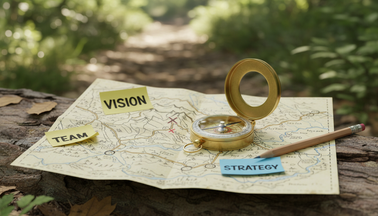 Close-up view of a compass resting on an open paper map near a forest path