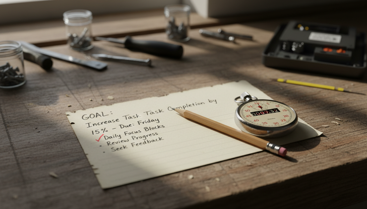 Close-up view of a handwritten goal card beside a stopwatch.