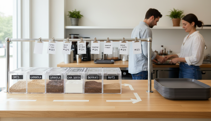 Eye-level view of a cafe pickup counter with clearly labeled supply bins.