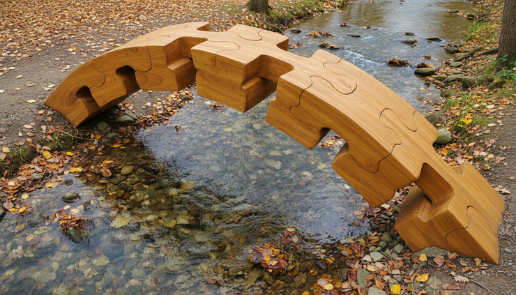 Overhead view of puzzle pieces forming a bridge across a small stream