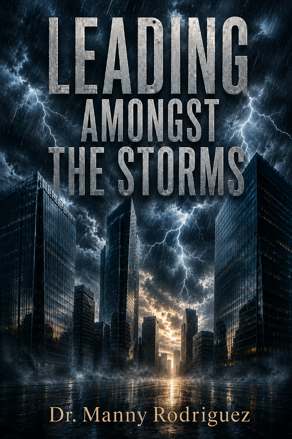 Book cover for 'Leading Amongst the Storms' by Dr. Manny Rodriguez, portrait aspect ratio with dark and stormy visual theme.