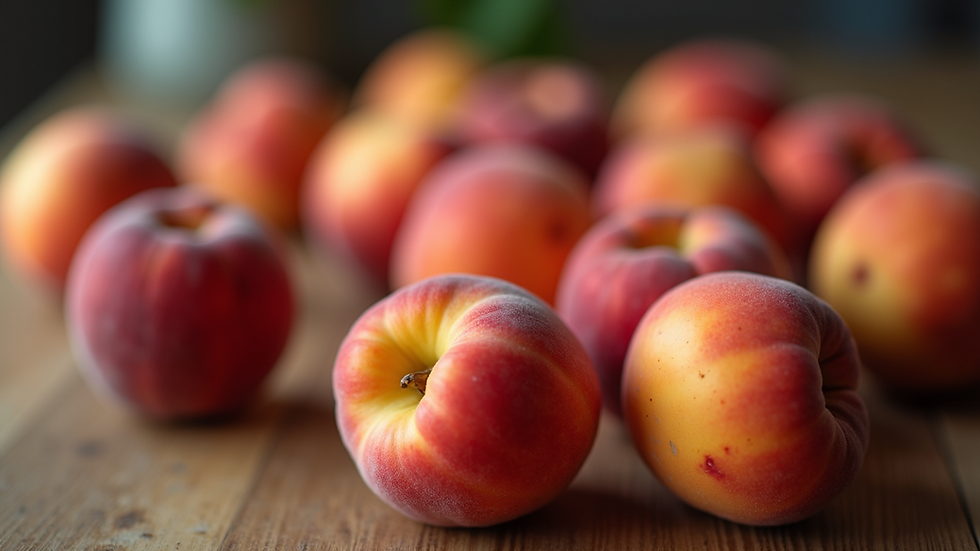 Close-up of ripe peaches on a wooden table
