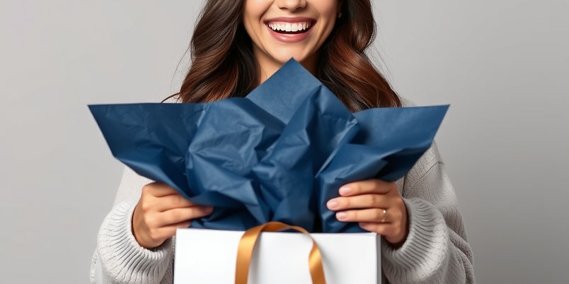 person smiling, opening up white gift bag with dark blue tissue paper.jpg