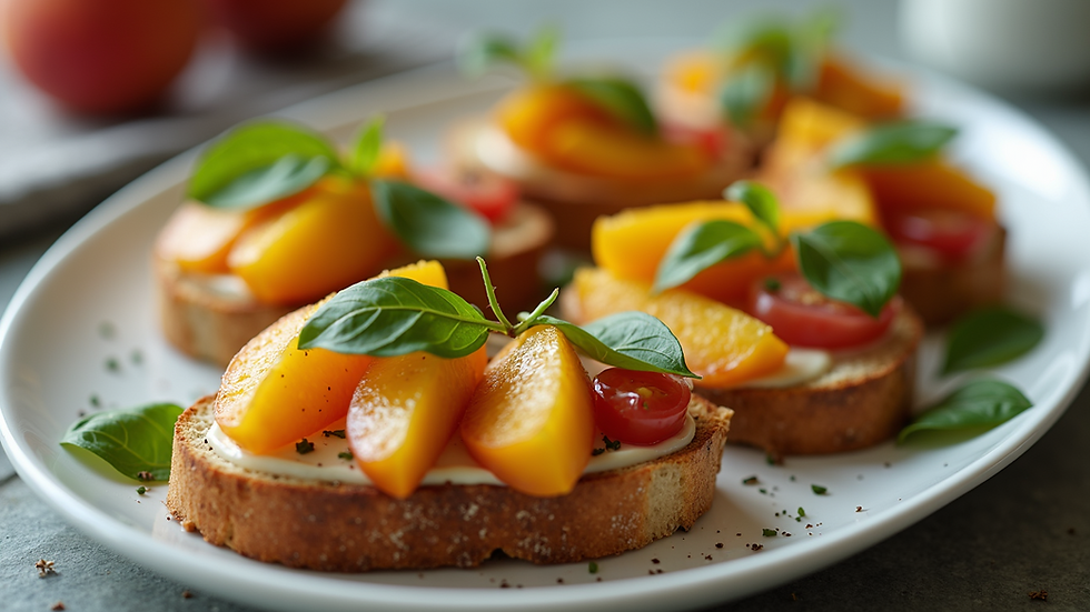 Eye-level view of a plate of peach and basil bruschetta
