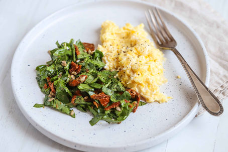 Goats Cheese Scrambled Eggs With Spinach Pesto Salad
