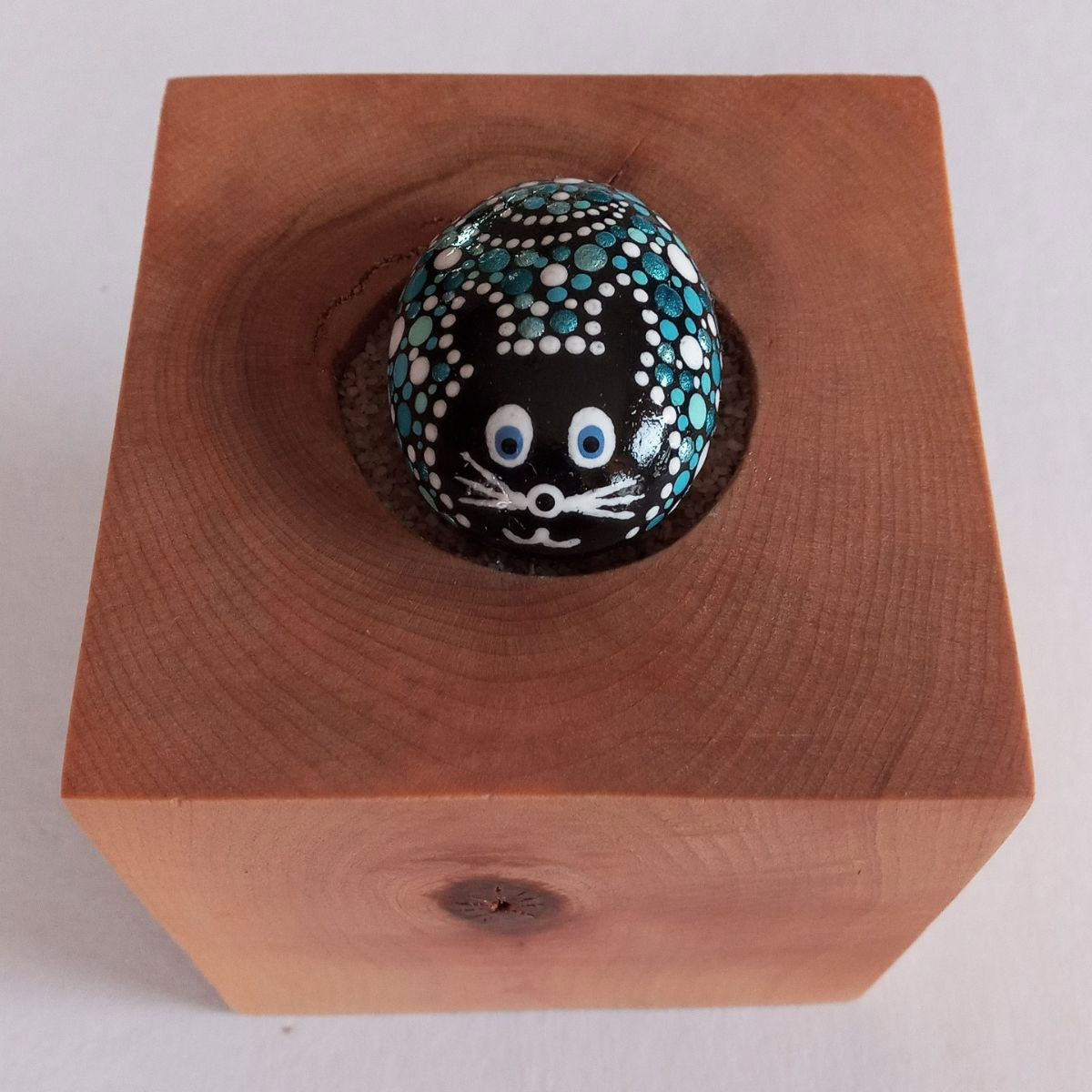 Peinture sur roche Chat turquoise vue de haut par l'artiste Mélanie Boutin - les pierres joyeuses