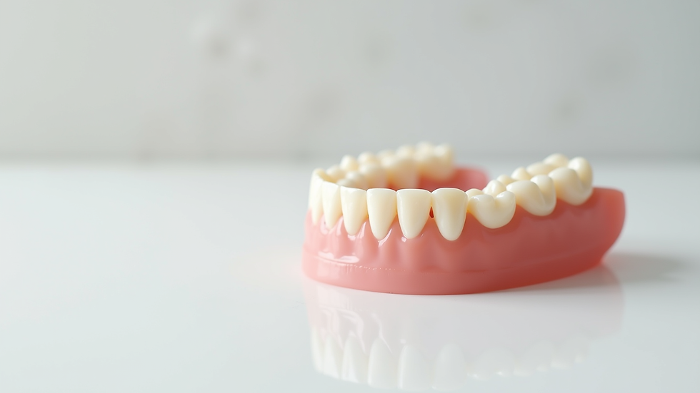 Close-up view of a set of comfort dentures on a white surface