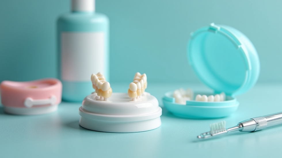 Eye-level view of a denture care kit with cleaning brush and solution