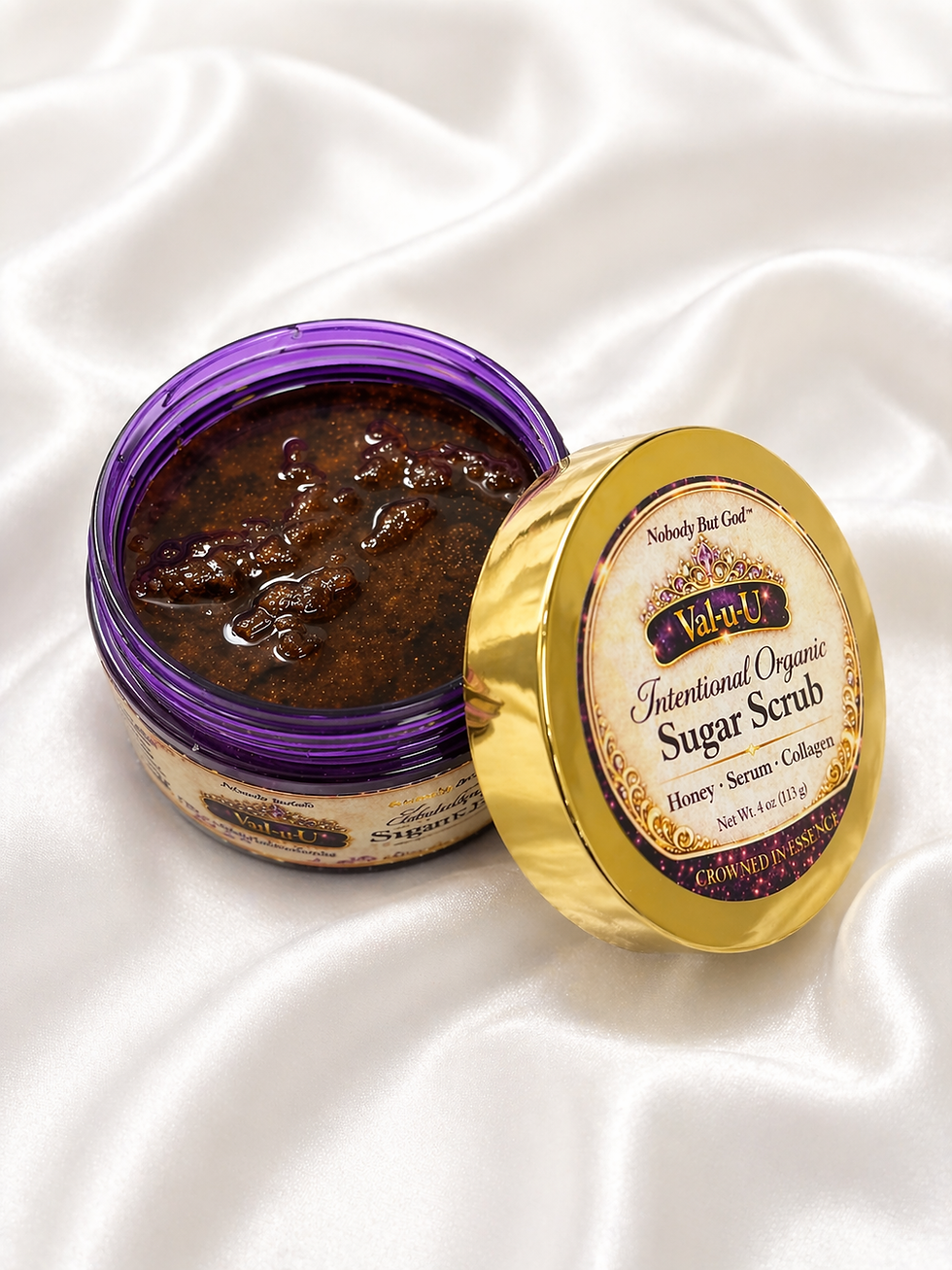 Open jar of Crowned in Essence Intentional Organic Sugar Scrub