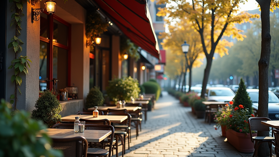 Eye-level view of a cozy neighborhood café with outdoor seating