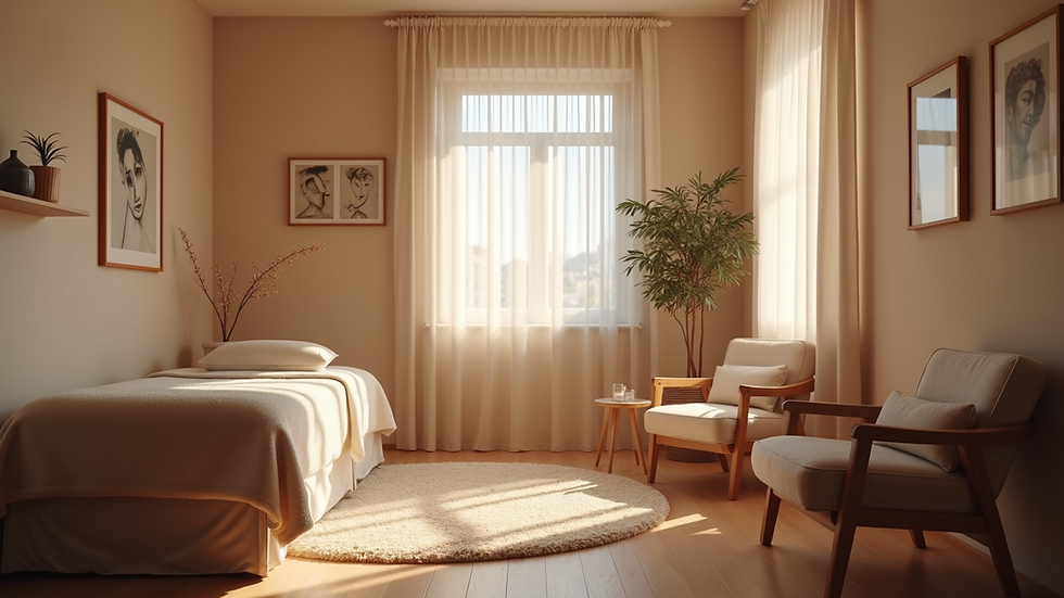 Eye-level view of a cozy therapy room with soft lighting and comfortable chairs