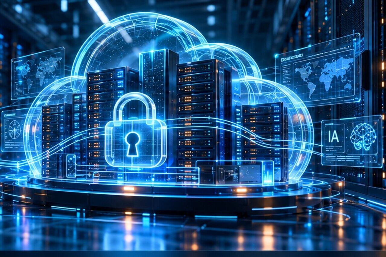 Visualización conceptual de infraestructura tecnológica, nube y protección de datos