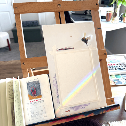 Studio painting easel with a blank, prepped sheet of watercolor paper next to an open sketchbook with an idea for the painting