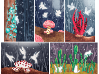 Echoes in the Trees — a five-piece magical realism watercolor fungi art series featuring shimmering silhouettes and eerie forest growths.
