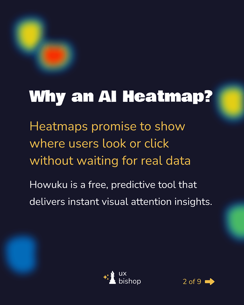 Slide titled “Why an AI Heatmap?” Text explains that heatmaps promise to show where users look or click without waiting for real data. Mentions Howuku as a free predictive tool for instant visual insights.