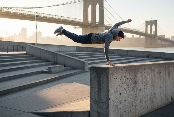 Un traceur qui s'envoie en l'air au milieu du béton de l'East River Amphitheater, avec le pont de Williamsburg qui se dessine derrière.